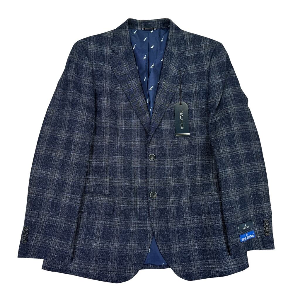 Nautica Mens Modern Fit Stretch Plaid Sport Coat Blue Brown 38S